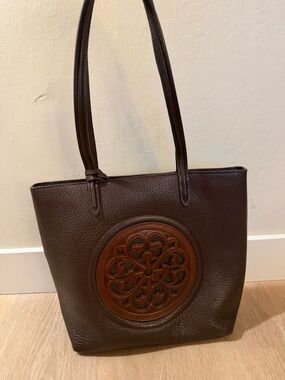 Brighton Dark Brown Leather Tote with Tan Medallion